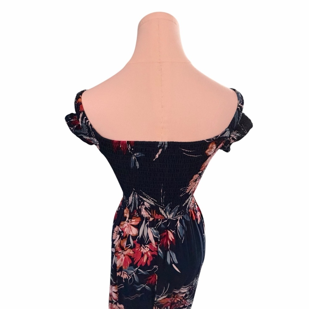 Band of Gypsies Boho Floral Off The Shoulder Smocked Maxi Dress Navy XS Summer - Picture 4 of 14